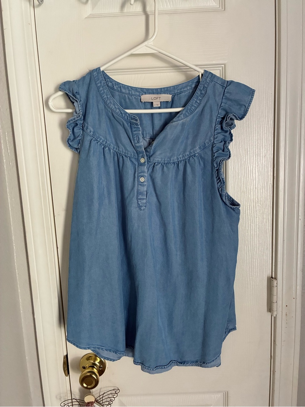 LOFT Light Blue Chambray Ruffle-Sleeve Tank Top